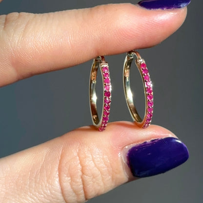 10KT Yellow Gold Round Ruby Hoop Earrings 16mm