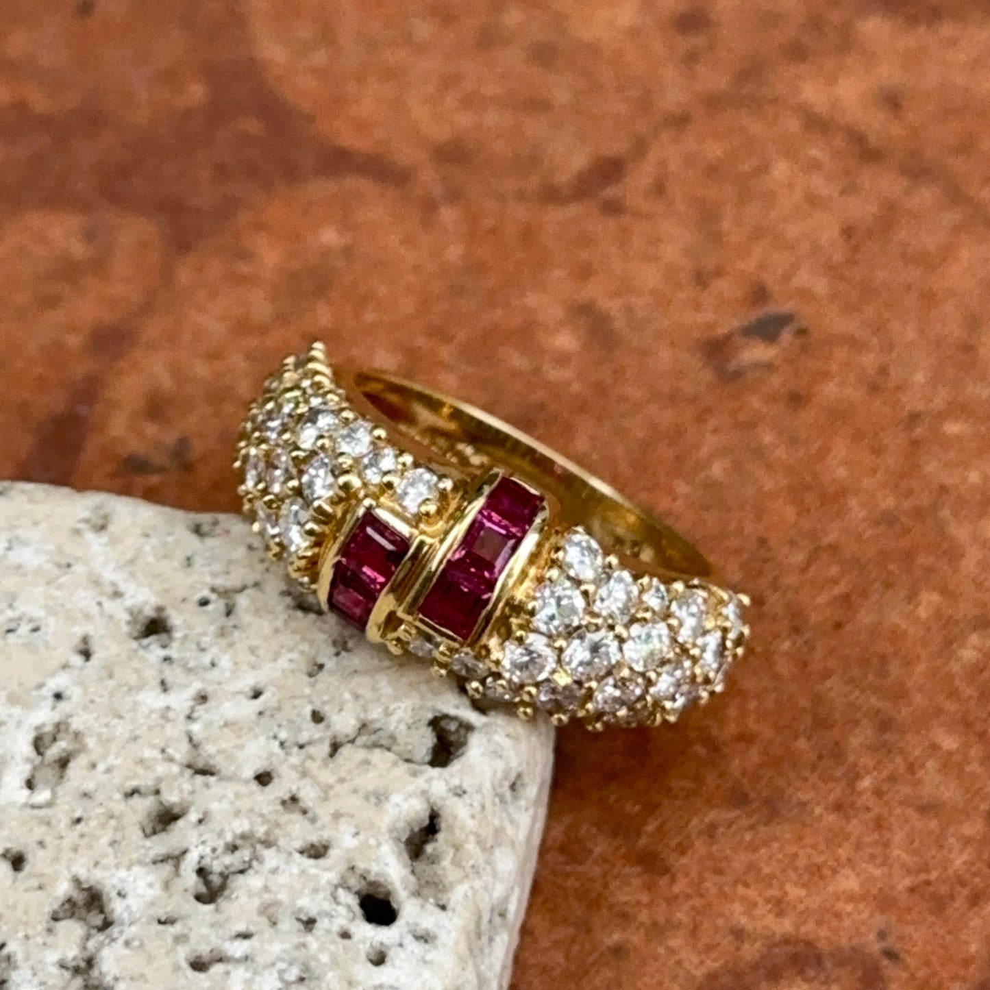 18KT Yellow Gold Square Cut Ruby and Diamond Band Ring