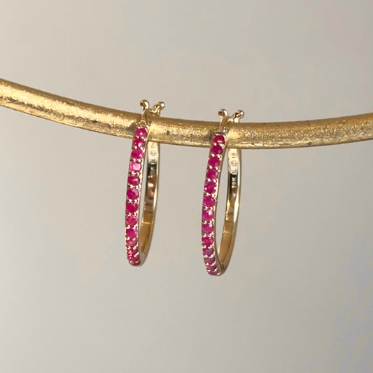 10KT Yellow Gold Round Ruby Hoop Earrings 16mm