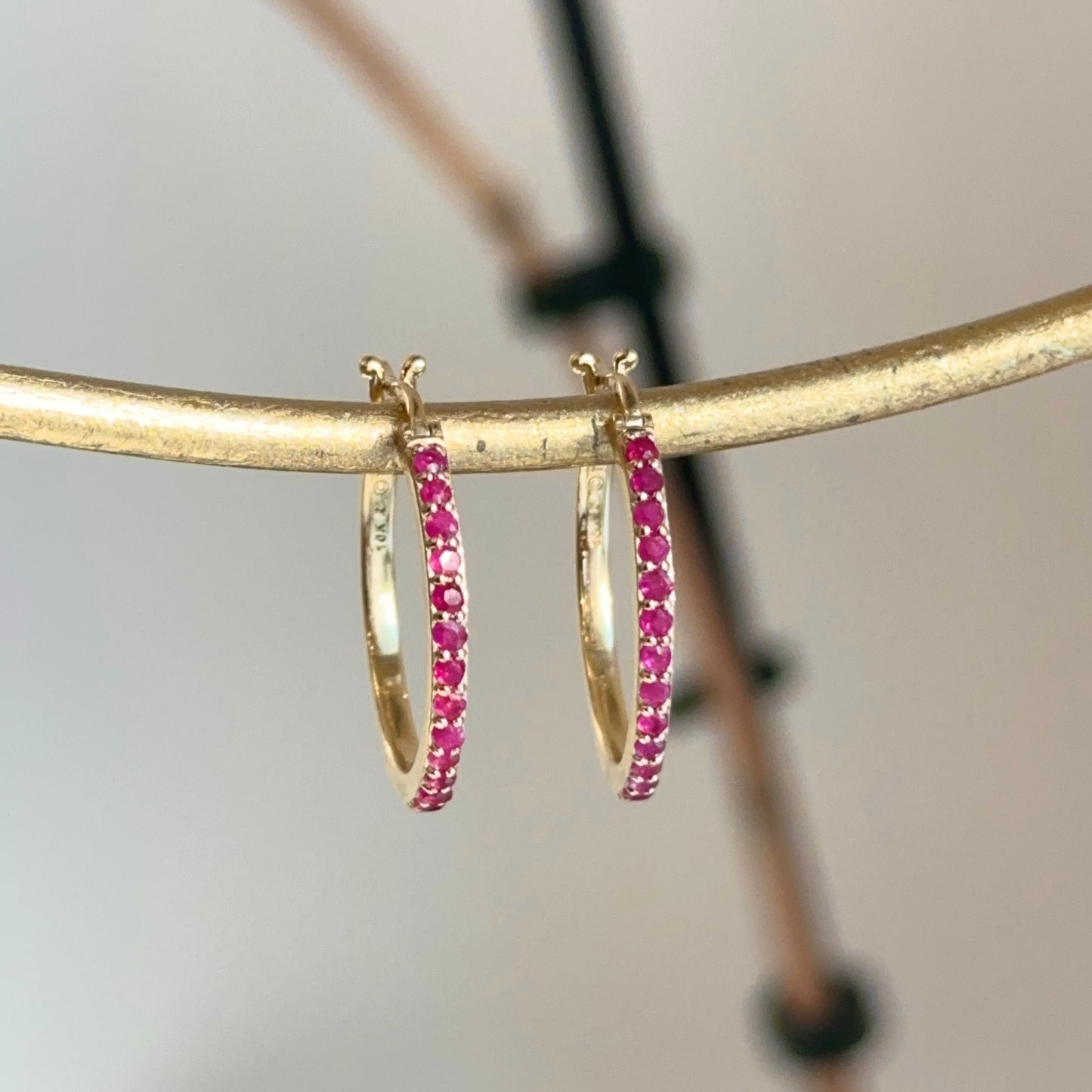 10KT Yellow Gold Round Ruby Hoop Earrings 16mm