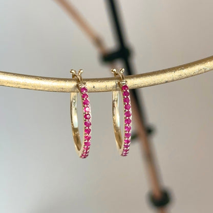 10KT Yellow Gold Round Ruby Hoop Earrings 16mm