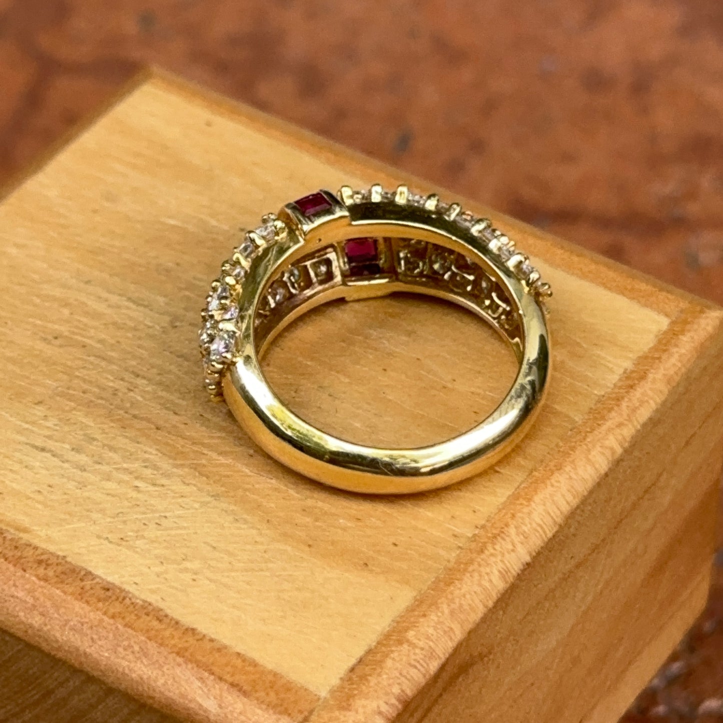 18KT Yellow Gold Square Cut Ruby and Diamond Band Ring