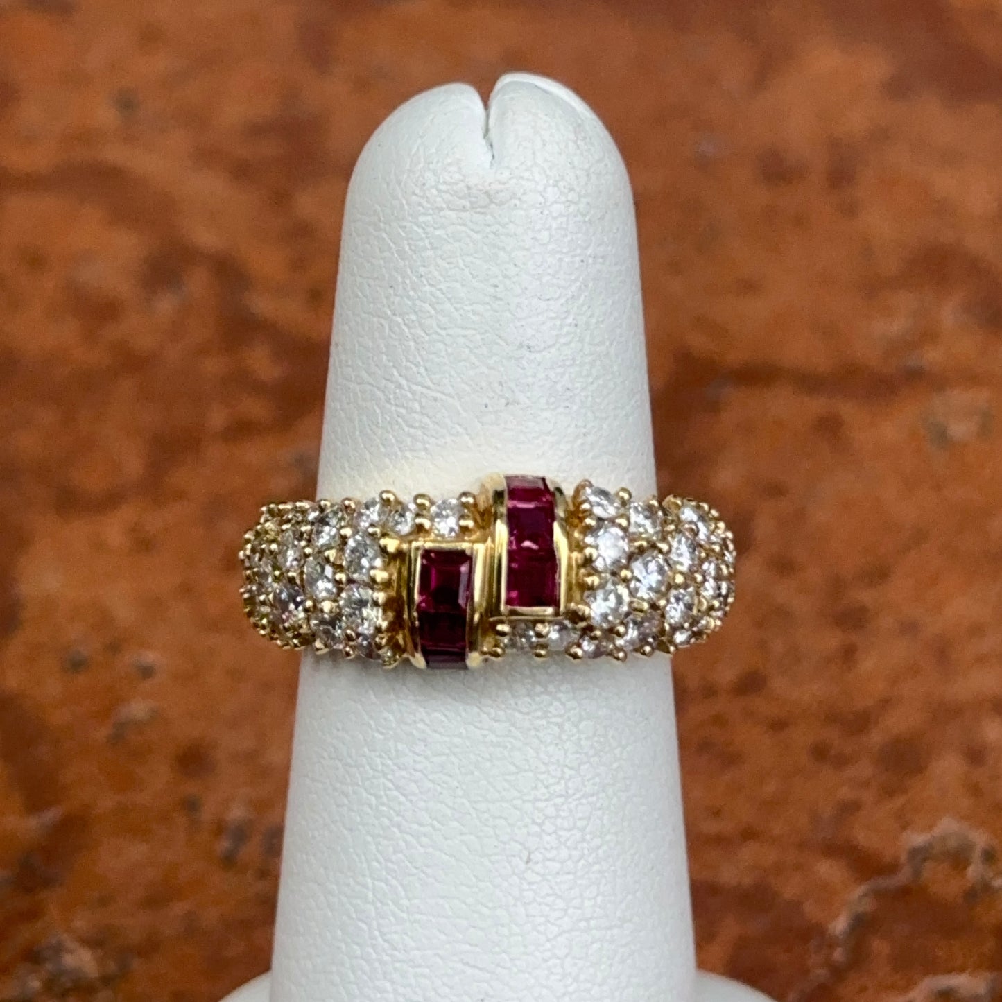 18KT Yellow Gold Square Cut Ruby and Diamond Band Ring