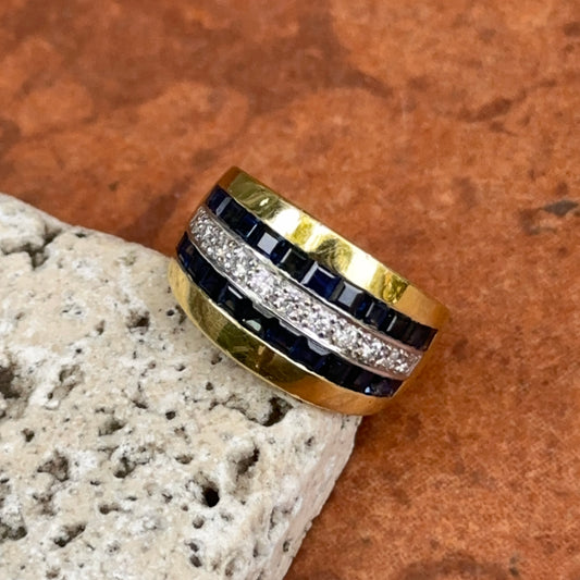 Estate 18KT Yellow Gold Princess-Cut Sapphire + Diamond Band Ring