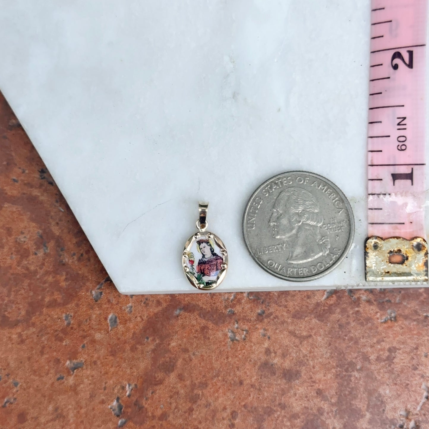 14KT Yellow Gold Hand Painted St Barbara Medal Pendant