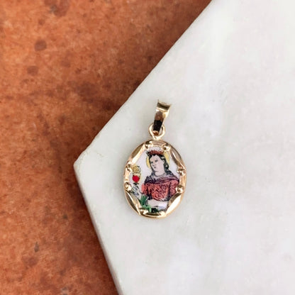 14KT Yellow Gold Hand Painted St Barbara Medal Pendant