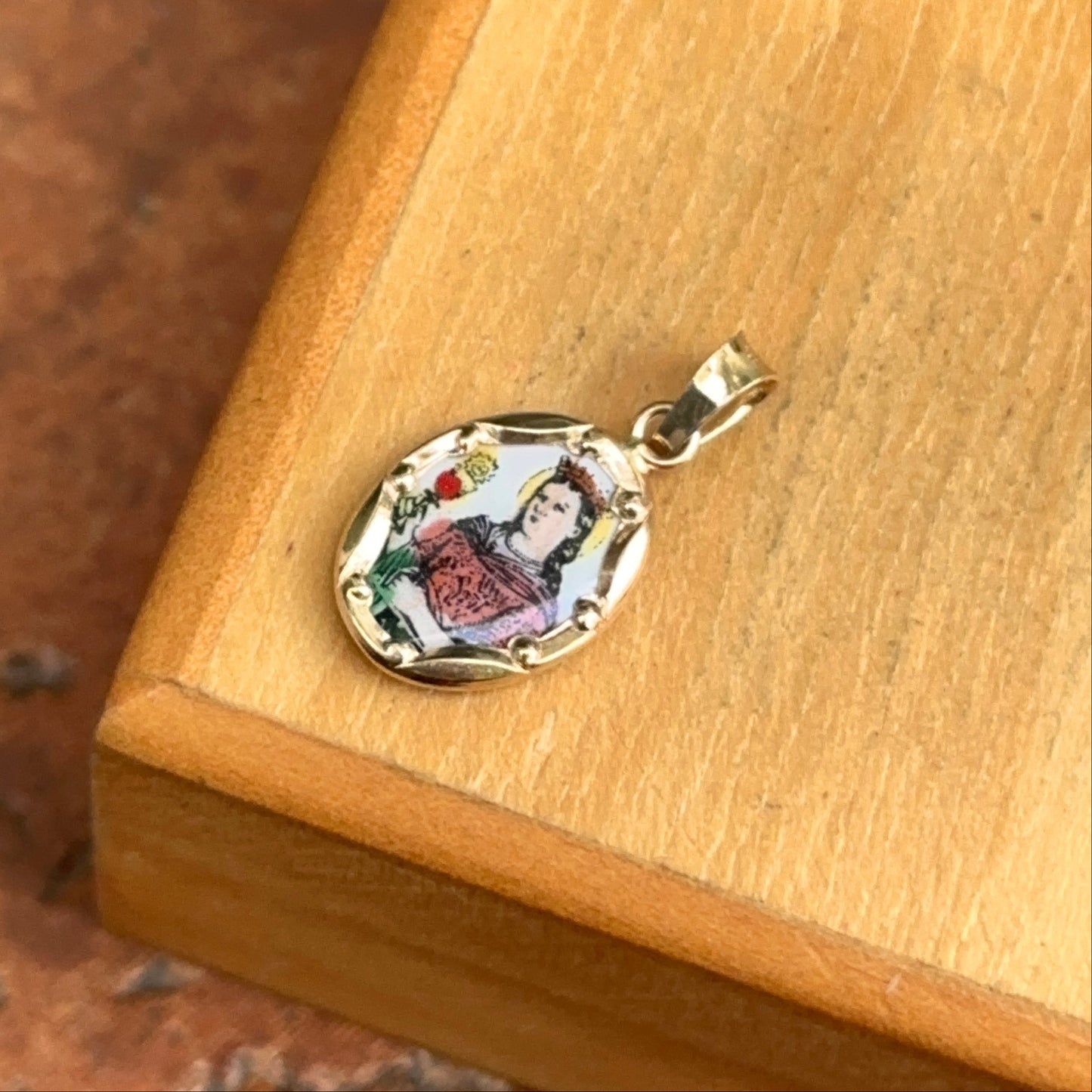 14KT Yellow Gold Hand Painted St Barbara Medal Pendant