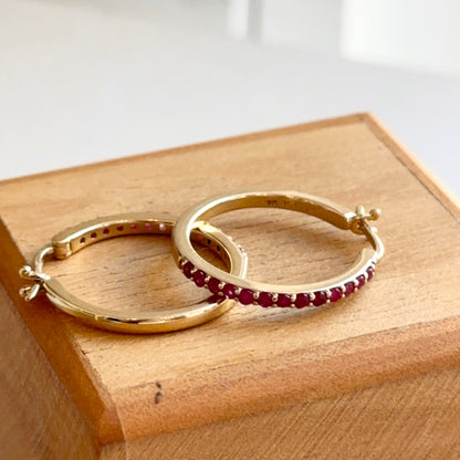 10KT Yellow Gold Round Ruby Hoop Earrings 16mm