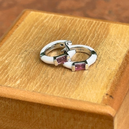 14KT White Gold Pink Enamel + Pink Tourmaline Huggie Hoop Earrings