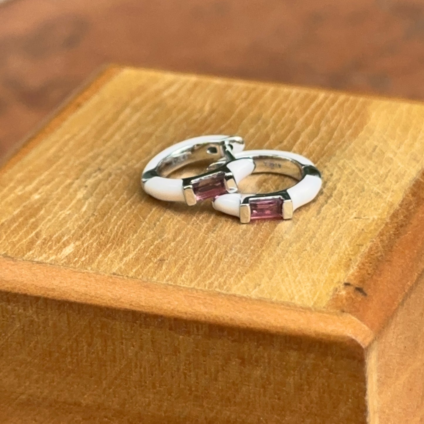 14KT White Gold Pink Enamel + Pink Tourmaline Huggie Hoop Earrings