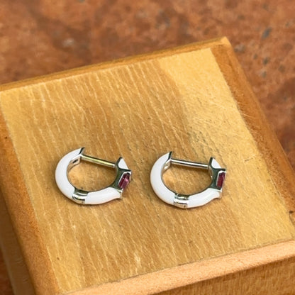 14KT White Gold Pink Enamel + Pink Tourmaline Huggie Hoop Earrings
