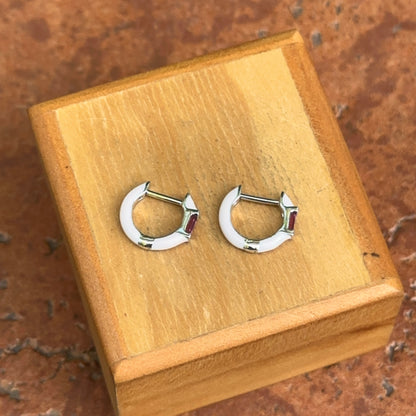 14KT White Gold Pink Enamel + Pink Tourmaline Huggie Hoop Earrings