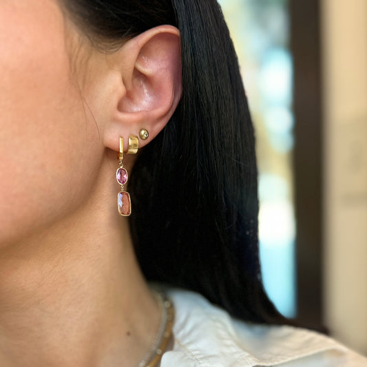 Estate 14KT Yellow Gold Bezel Set Bi Color Pink Topaz Dangle Earrings