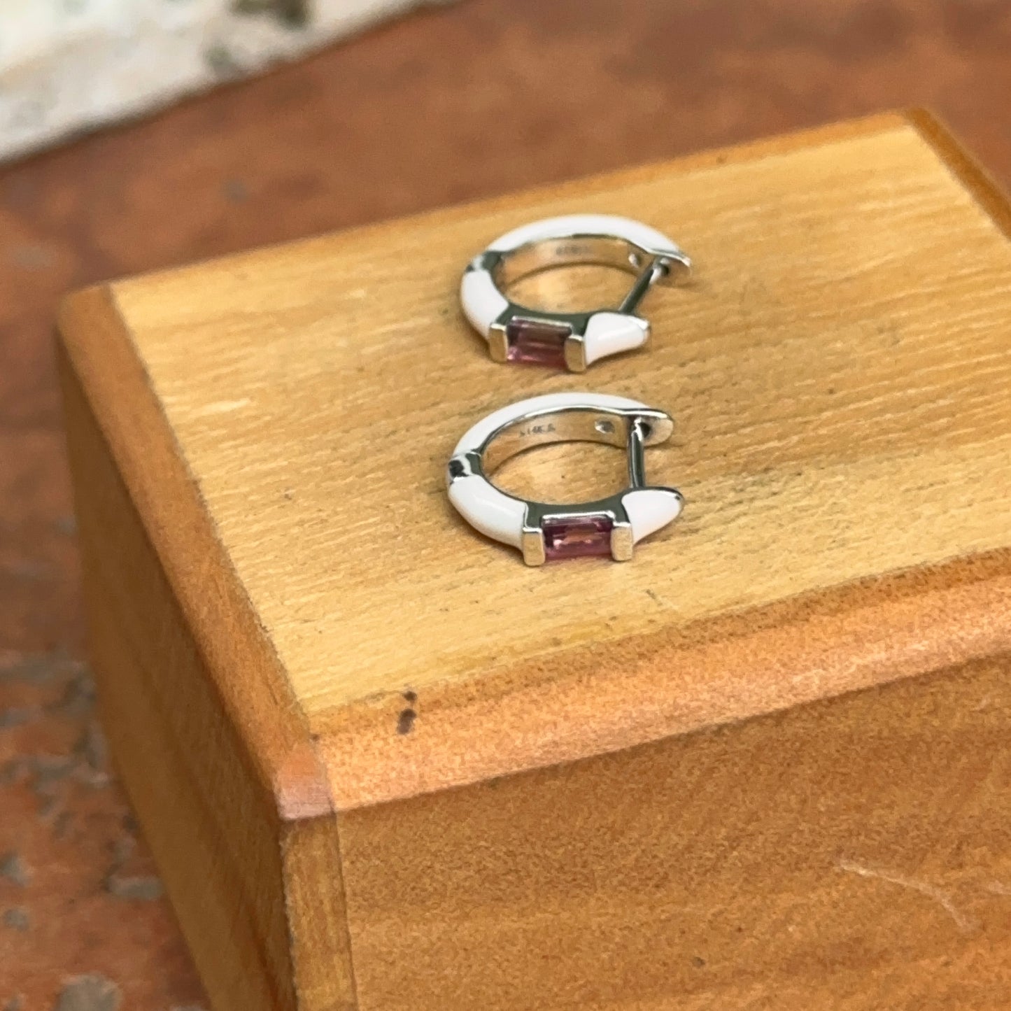 14KT White Gold Pink Enamel + Pink Tourmaline Huggie Hoop Earrings