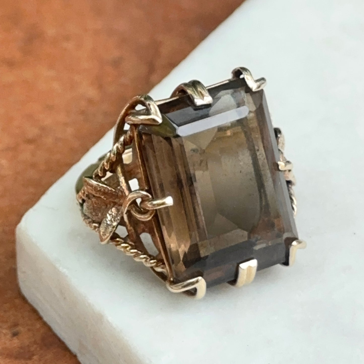 Estate 14KT Yellow Gold Emerald-Cut Smokey Quartz Ring