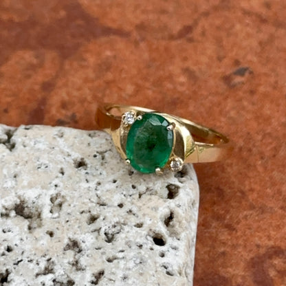 10KT Yellow Gold Oval Emerald + Round Diamond Abstract Ring