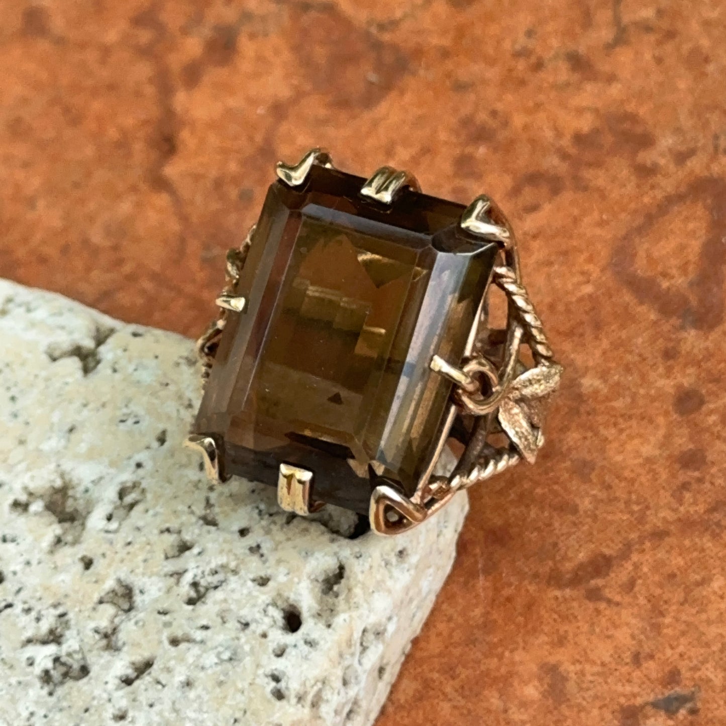 Estate 14KT Yellow Gold Emerald-Cut Smokey Quartz Ring