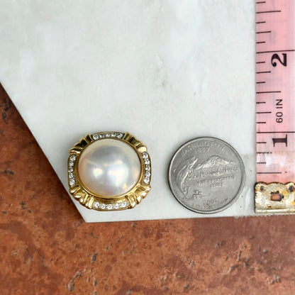 Estate 18KT Yellow Gold Mabe Pearl + Diamond Clip-On Earrings