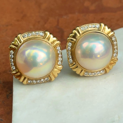 Estate 18KT Yellow Gold Mabe Pearl + Diamond Clip-On Earrings
