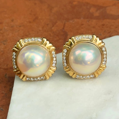 Estate 18KT Yellow Gold Mabe Pearl + Diamond Clip-On Earrings