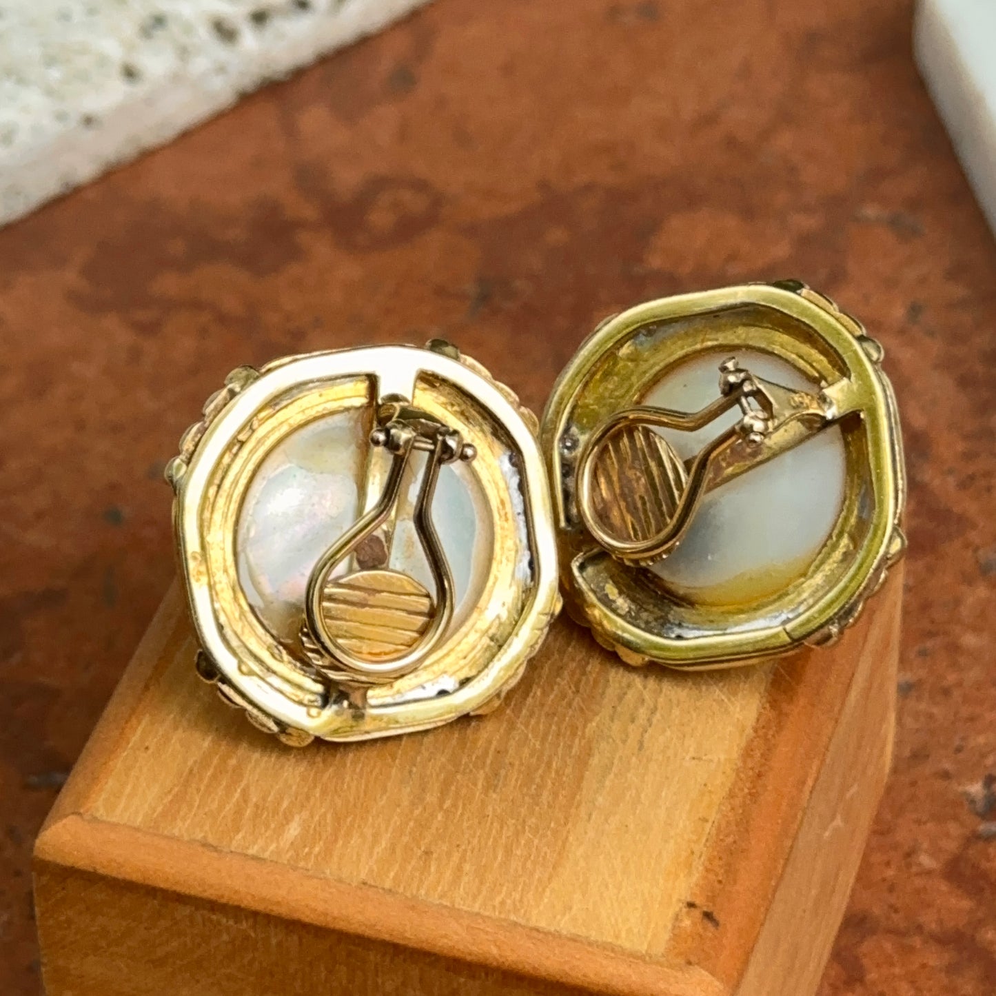 Estate 18KT Yellow Gold Mabe Pearl + Diamond Clip-On Earrings