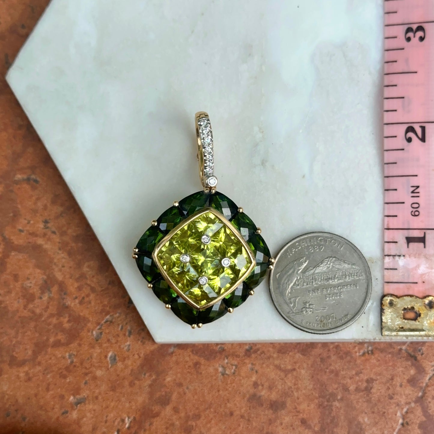 Estate 18KT Yellow Gold Green Tourmaline, Peridot + Diamond Pendant Enhancer
