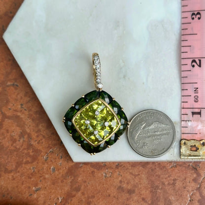 Estate 18KT Yellow Gold Green Tourmaline, Peridot + Diamond Pendant Enhancer