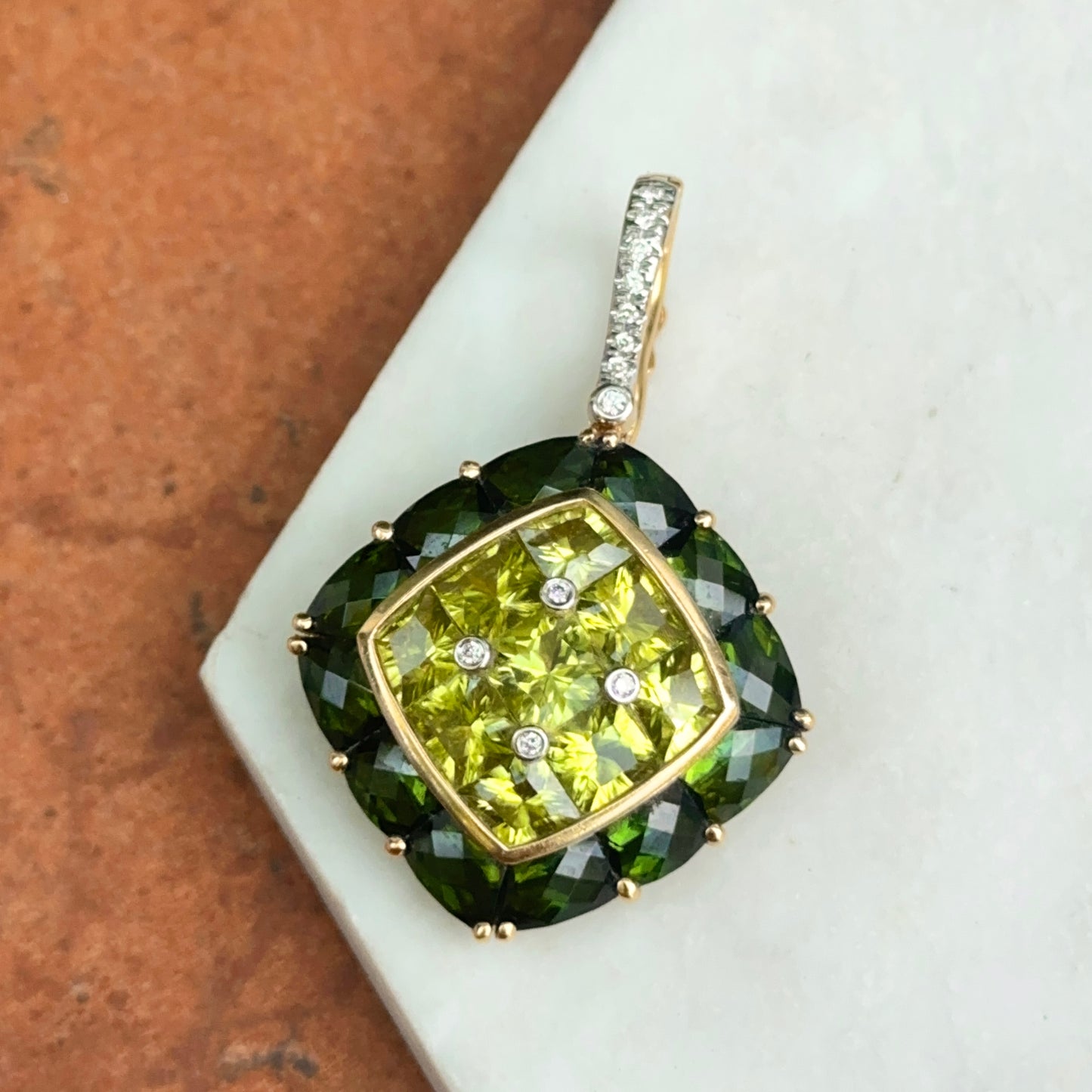 Estate 18KT Yellow Gold Green Tourmaline, Peridot + Diamond Pendant Enhancer