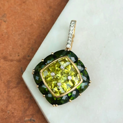 Estate 18KT Yellow Gold Green Tourmaline, Peridot + Diamond Pendant Enhancer