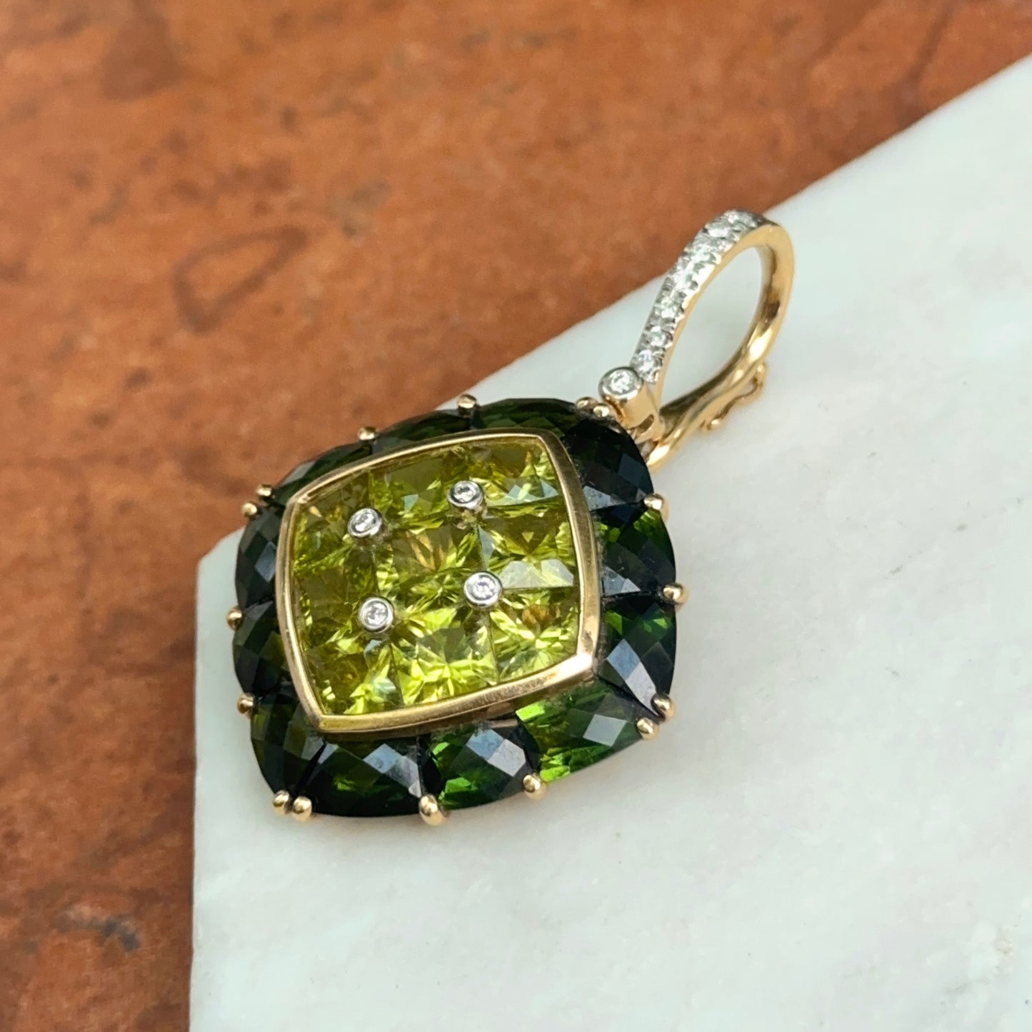 Estate 18KT Yellow Gold Green Tourmaline, Peridot + Diamond Pendant Enhancer