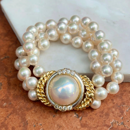 Esttae 18KT Yellow Gold Mabe Pearl + Diamond 3-Strand Bracelet