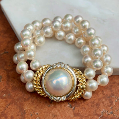 Esttae 18KT Yellow Gold Mabe Pearl + Diamond 3-Strand Bracelet