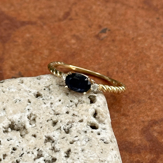 10KT Yellow Gold Oval Sapphire + Round Diamond Twisted Style Ring
