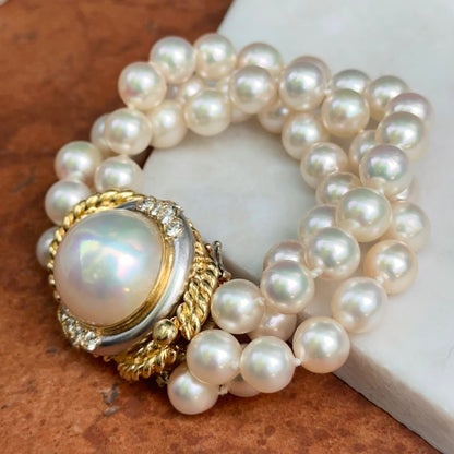 Esttae 18KT Yellow Gold Mabe Pearl + Diamond 3-Strand Bracelet