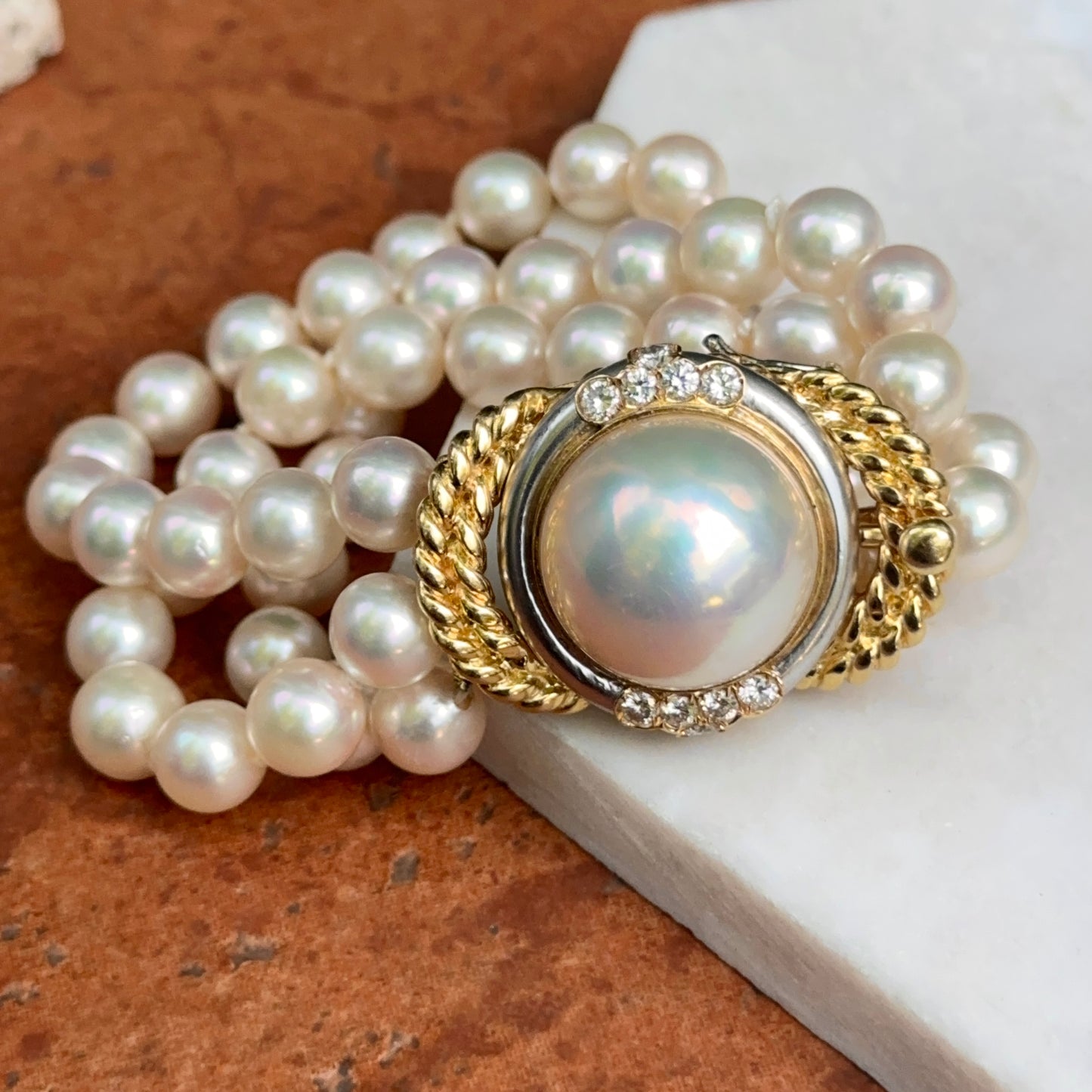 Esttae 18KT Yellow Gold Mabe Pearl + Diamond 3-Strand Bracelet