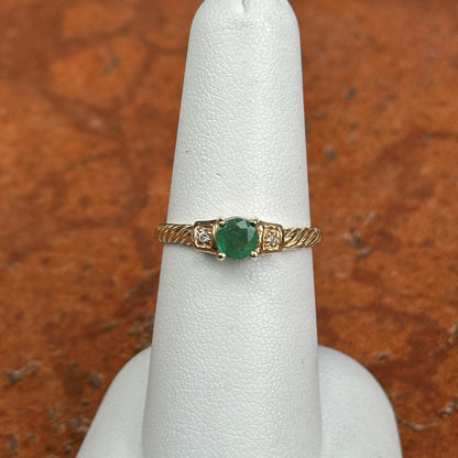 10KT Yellow Gold Round Emerald + Round Diamond Twisted Ring