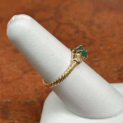 10KT Yellow Gold Round Emerald + Round Diamond Twisted Ring
