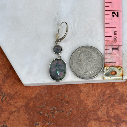 14KT White Gold Oval + Round Mystic Quartz Dangle Lever Back Earrings