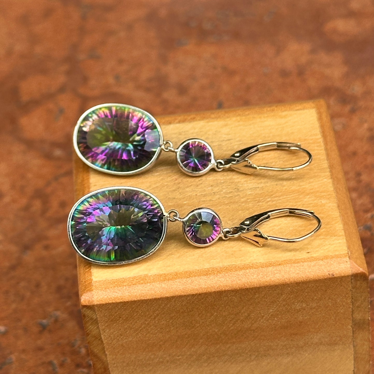 14KT White Gold Oval + Round Mystic Quartz Dangle Lever Back Earrings