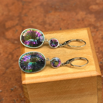 14KT White Gold Oval + Round Mystic Quartz Dangle Lever Back Earrings