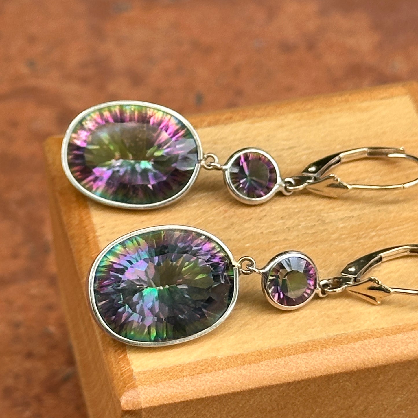 14KT White Gold Oval + Round Mystic Quartz Dangle Lever Back Earrings