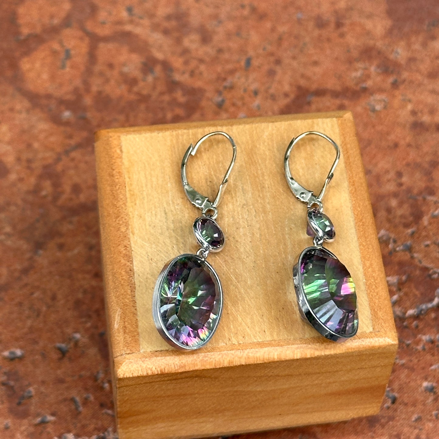 14KT White Gold Oval + Round Mystic Quartz Dangle Lever Back Earrings