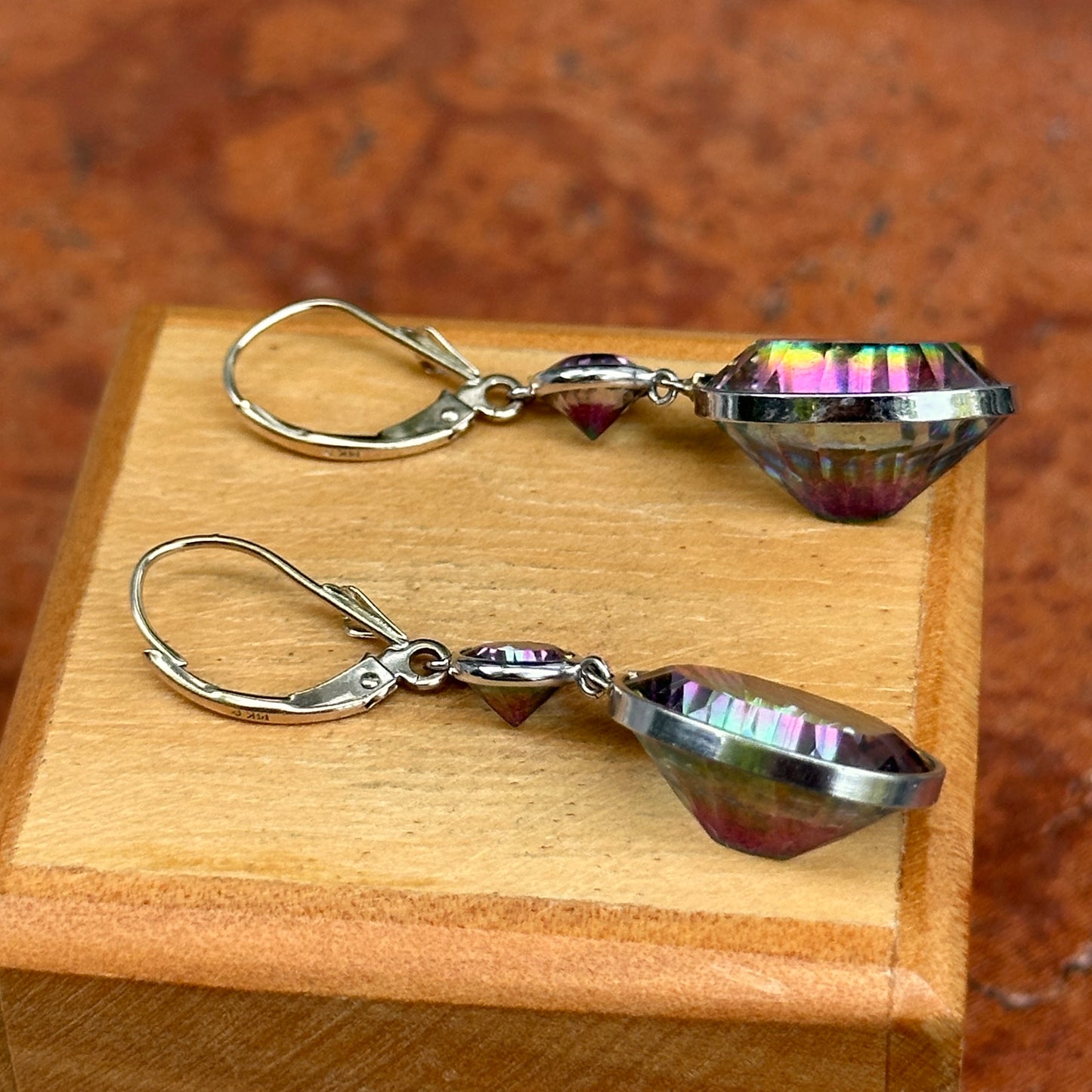 14KT White Gold Oval + Round Mystic Quartz Dangle Lever Back Earrings