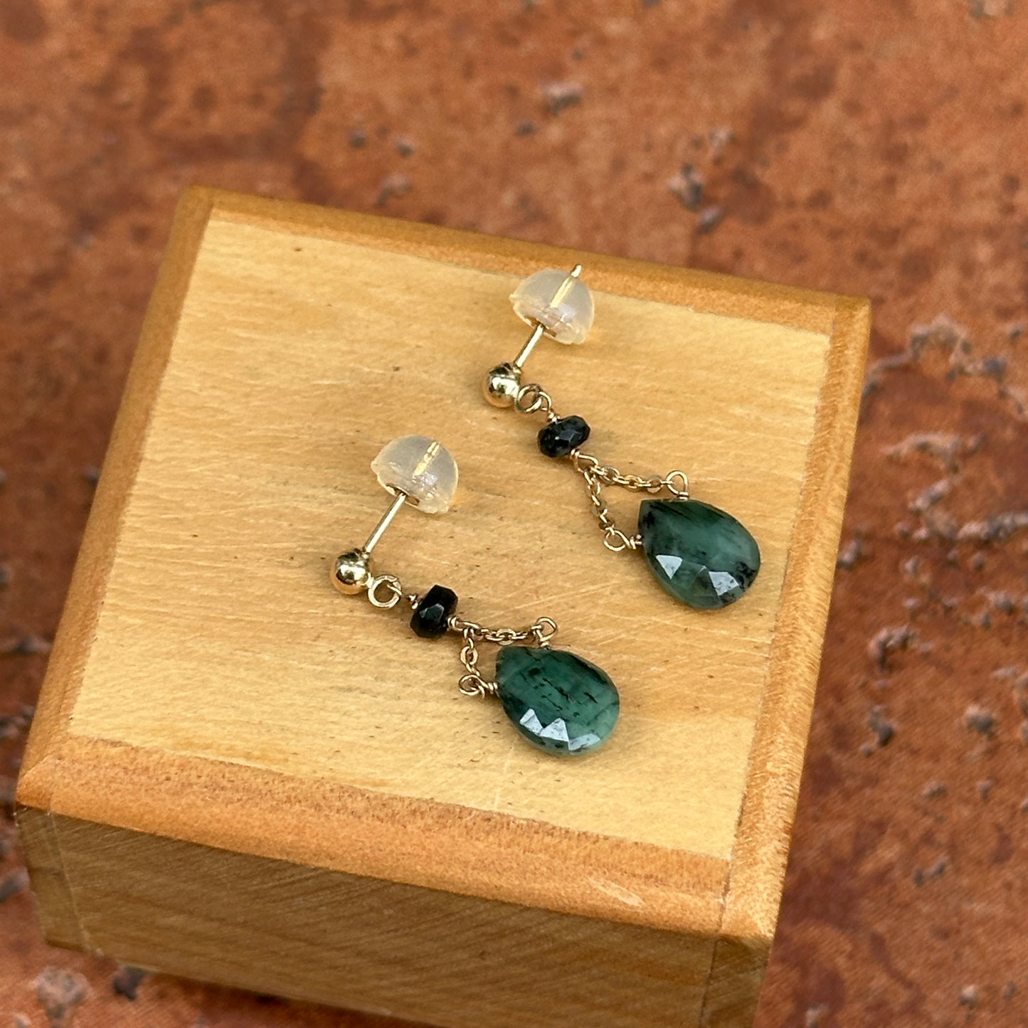 14K Yellow Gold Teardrop Cabochon Emerald Dangle Ball Pierced Earrings