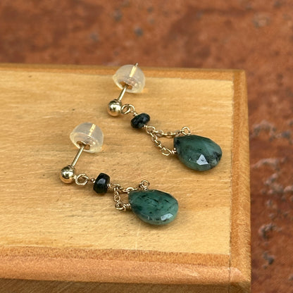 14K Yellow Gold Teardrop Cabochon Emerald Dangle Ball Pierced Earrings
