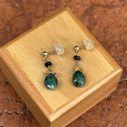 14K Yellow Gold Teardrop Cabochon Emerald Dangle Ball Pierced Earrings