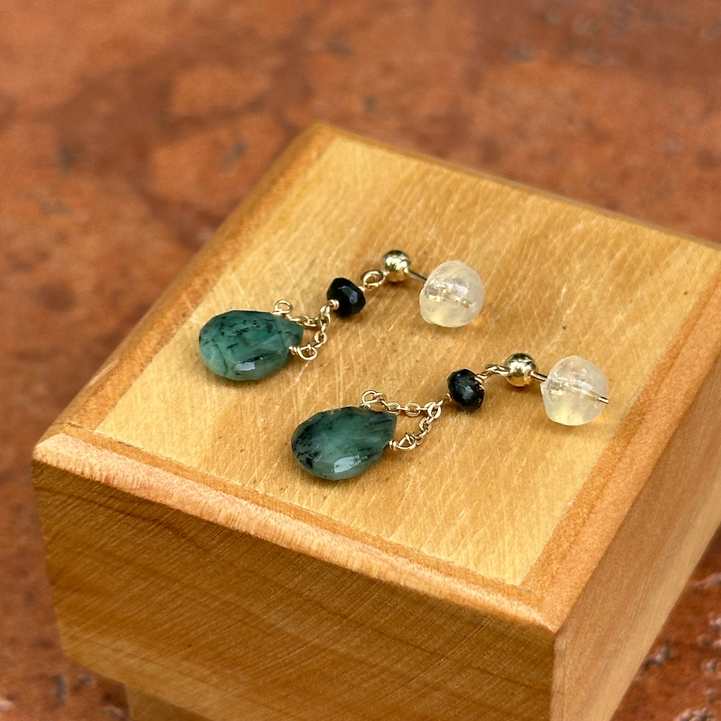 14K Yellow Gold Teardrop Cabochon Emerald Dangle Ball Pierced Earrings