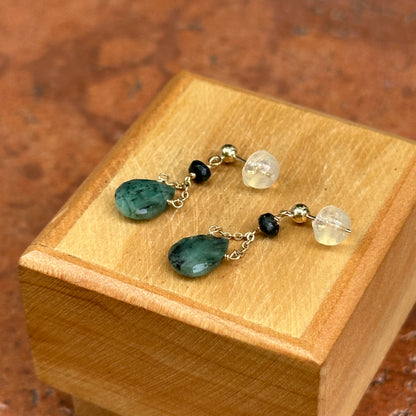 14K Yellow Gold Teardrop Cabochon Emerald Dangle Ball Pierced Earrings