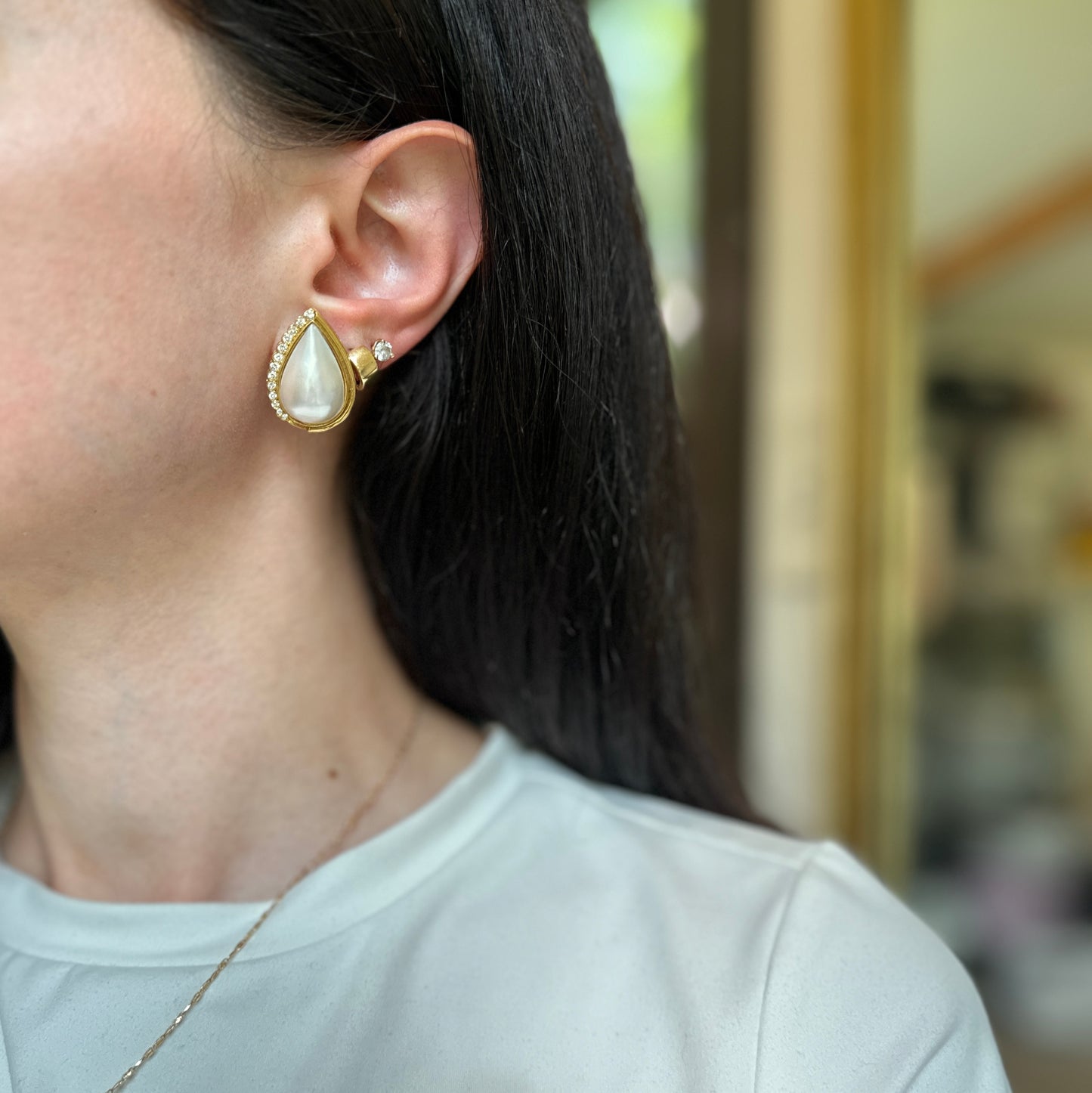 Estate 18KT Yellow Gold Teardrop Mabe Pearl + Diamond Omega Earrings