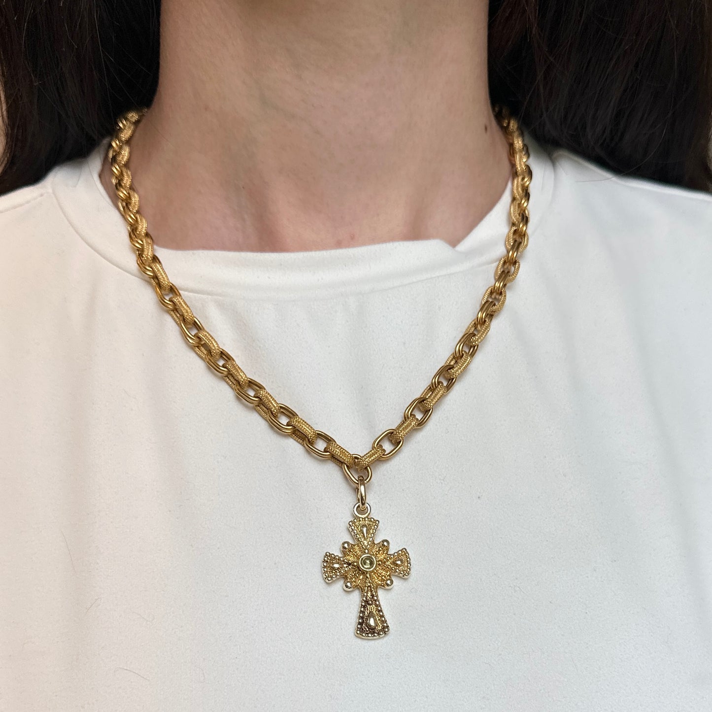 Estate 14KT Yellow Gold Cabochon Peridot Ornate Cross Pendant + Enhancer Bail